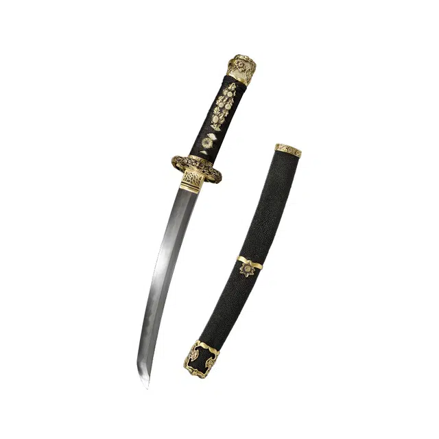 天子剑 菊花太刀 珍珠鱼皮刀鞘 黄铜装饰 百炼花纹钢羽毛纹 覆土烧刃刀身 未开刃 成品模型