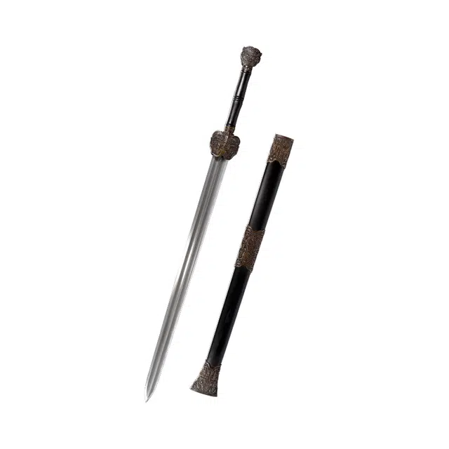 天子剑 巨阙剑 黑檀木鞘实木手柄 黄铜精雕装饰 百炼花纹钢覆土烧刃瓦面剑身 未开刃 成品模型