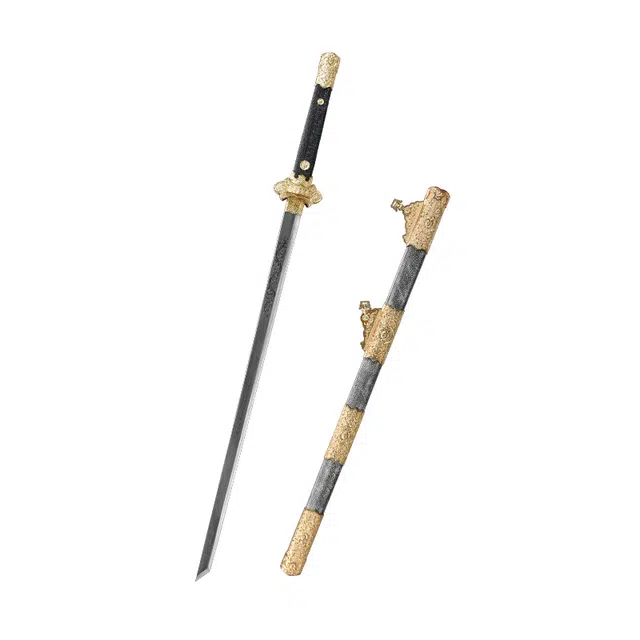 天子剑 牡丹豪华唐刀 珍珠鱼皮外鞘 纯铜鎏真金装饰 百炼花纹钢覆土烧刃未开刃 摆件收藏 成品模型