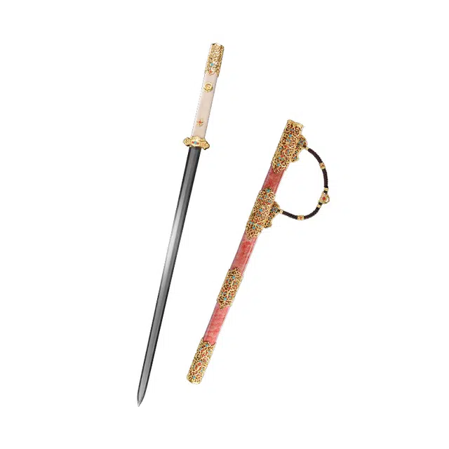 天子剑 贞观唐剑 纯铜镂空鎏真金装饰嵌宝石 珍珠鱼皮外鞘 百炼羽毛纹钢覆土烧刃未开刃 成品模型