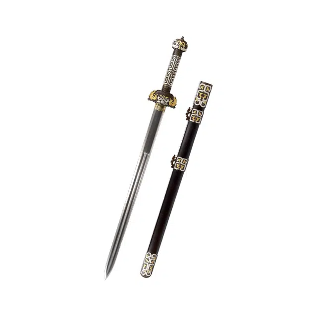 天子剑 青虹剑 黑檀木实木鞘 纯铜鎏金银装饰 百炼花纹钢扭转纹覆土烧刃 未开刃摆件收藏 成品模型