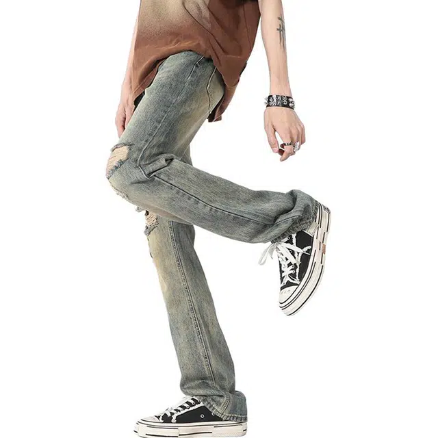 雅鹿 美式复古破洞百搭休闲水洗耐磨宽松直筒垂感牛仔裤 男款 泥黄