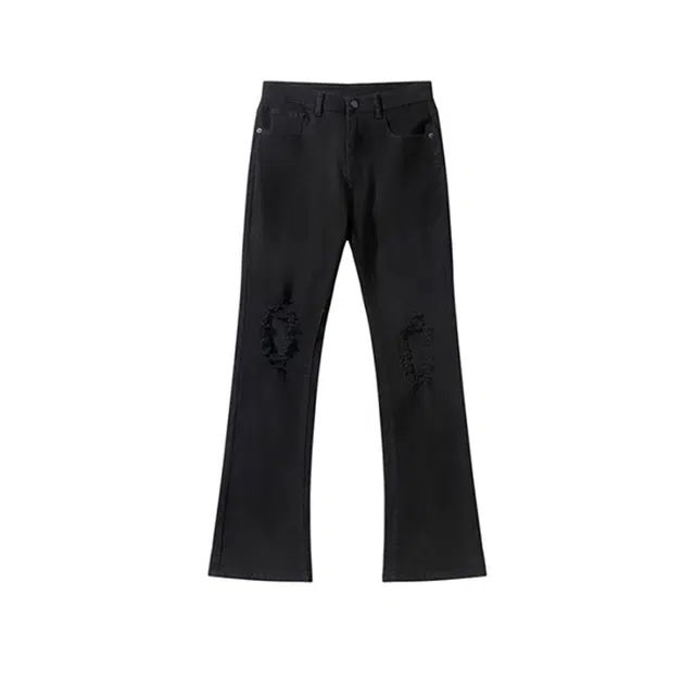 八哥 美式高街破洞水洗做旧阔腿垂感宽松中腰透气直筒牛仔裤 男女同款 黑色