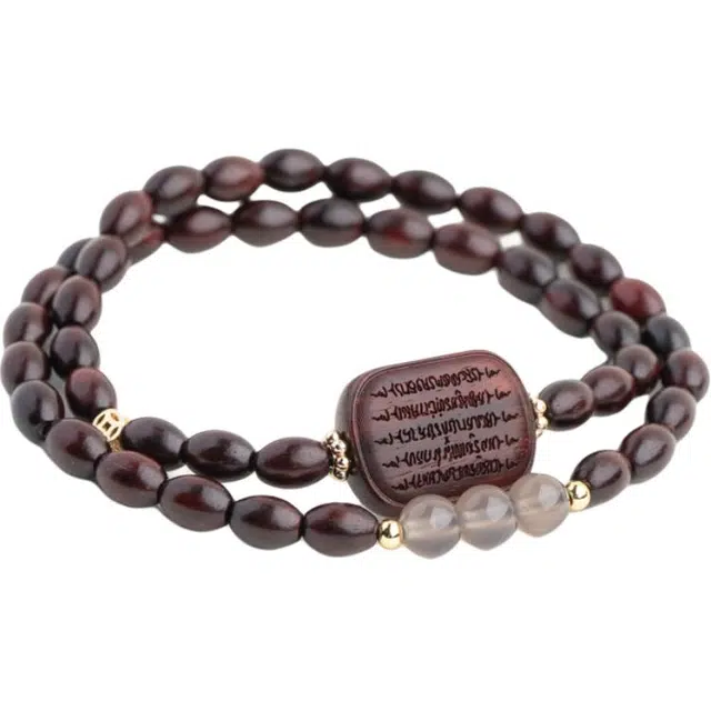 仙源 米珠五条纹 转运 国潮文玩念珠盘玩 平安福 玛瑙 合金 木作手串 男女同款情侣款 紫檀