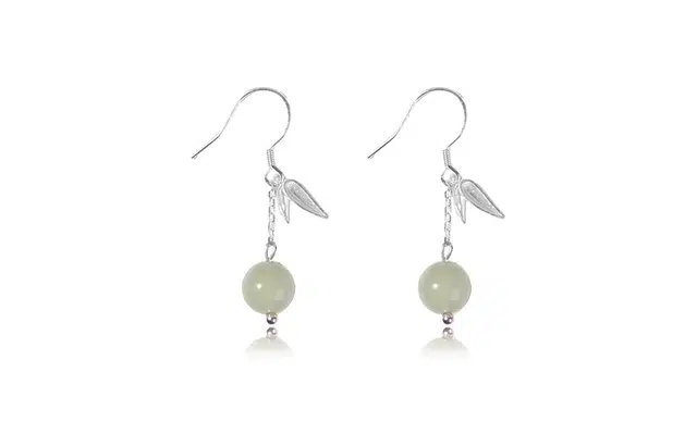 尚银福 竹叶青 国潮复古优雅气质清冷感仙气古风中式汉服旗袍流苏叶子圆珠吊坠个性高级感 合金 耳环 女款