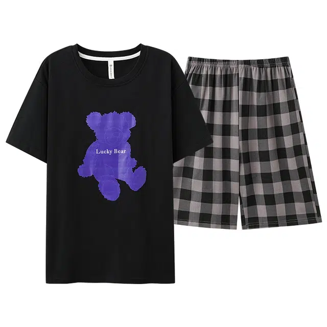 浪莎 简约卡通字母短袖短裤睡衣套装 男款 黑色