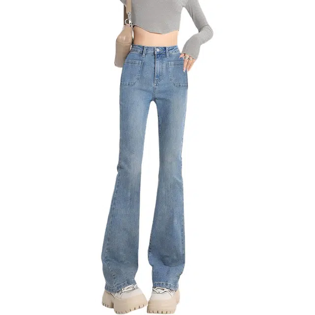 惟熙 复古微喇裤高腰显瘦弹力修身拖地马蹄长裤子牛仔裤 女款 中蓝色