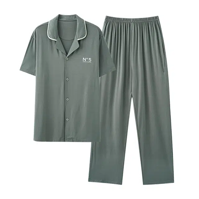 浪莎 短袖开衫薄款休闲睡衣套装 男款 草绿色
