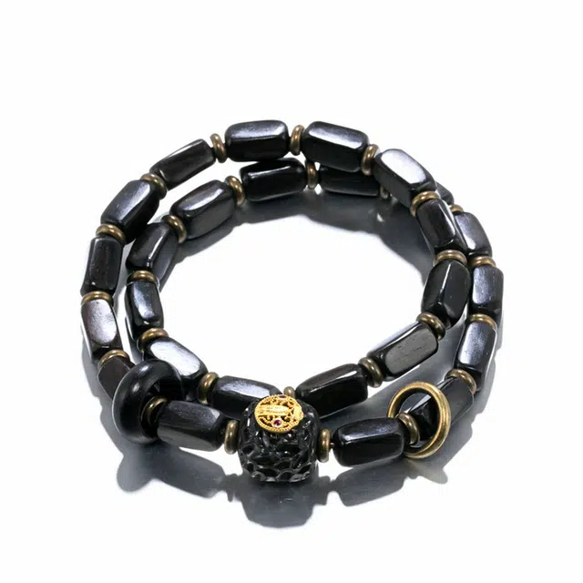 凯真 国潮复古宫廷风五路财神转运珠招财双圈叠戴文玩手持盘玩串 木作 手串 男女同款情侣款 黑檀 礼盒装