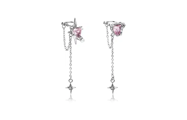 尚银福 十字星芒流苏 轻奢小众高级感 简约时尚潮流甜酷辣妹风粉色爱心十字星芒长款 合金 耳环 女款