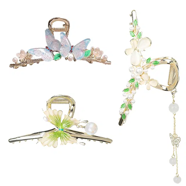 妖娆猫 气质时尚高级感后脑勺盘发鲨鱼夹子头饰新中式网红超仙蝴蝶流苏金属大号抓夹三件套礼盒装 发夹 女款