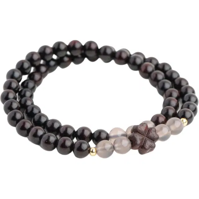 仙源 手工雕刻四叶草 新中式招财进宝文玩念珠盘玩 平安福 玛瑙 合金 木作手串 男女同款情侣款 紫檀