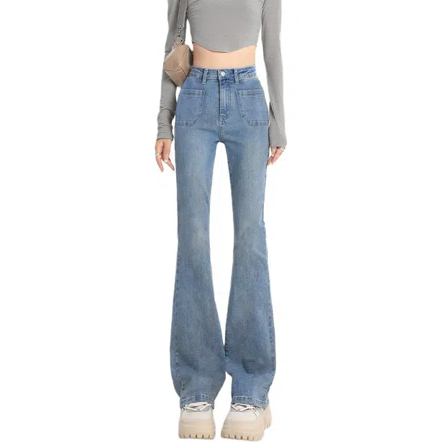 惟熙 复古微喇裤高腰显瘦弹力修身拖地马蹄长裤子牛仔裤 女款 中蓝色