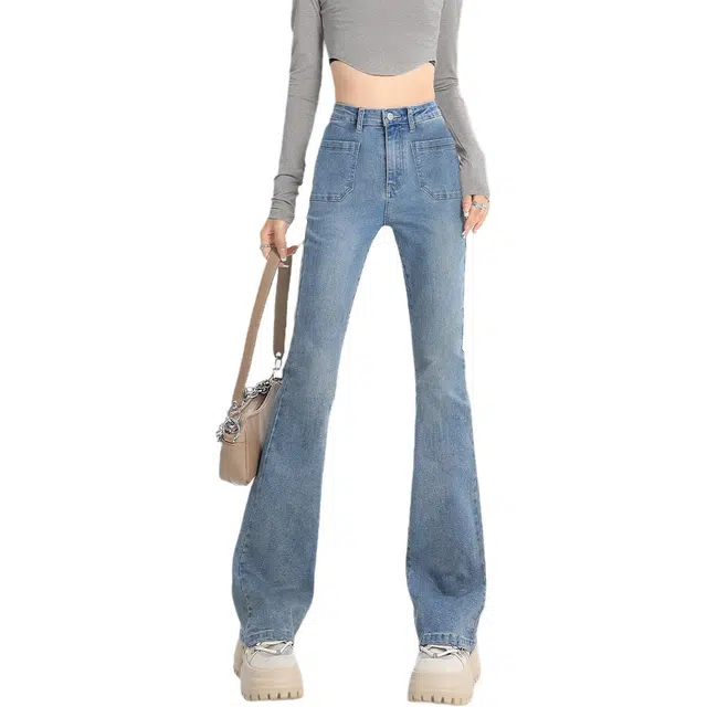 惟熙 复古微喇裤高腰显瘦弹力修身拖地马蹄长裤子牛仔裤 女款 中蓝色