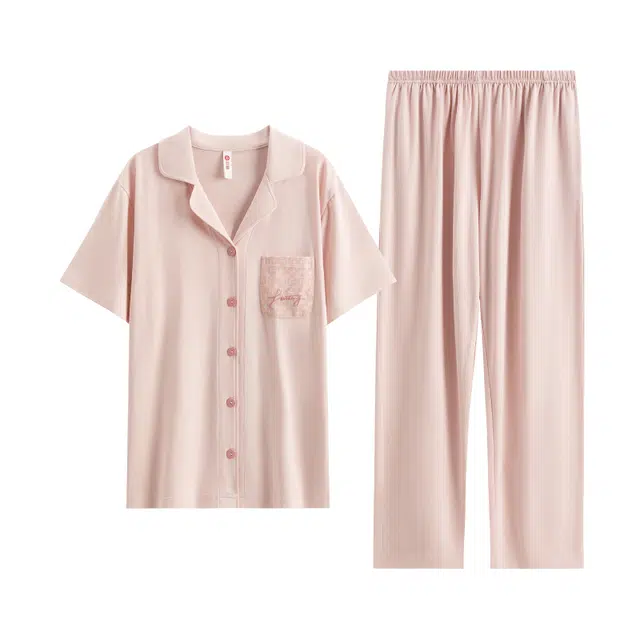 芬腾 口袋印花翻领薄款上衣纯色简约透气长裤睡衣套装 女款