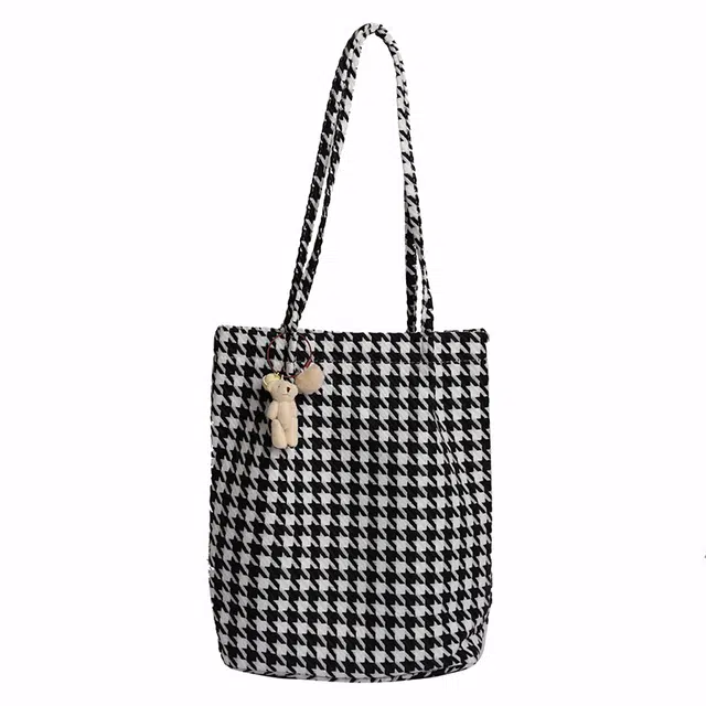 帕克熊 清新格子大容量学生上课通勤包 日系简约百搭气质款大学生 呢子 背包手提包 常规 女款 黑色/咖色/米白色