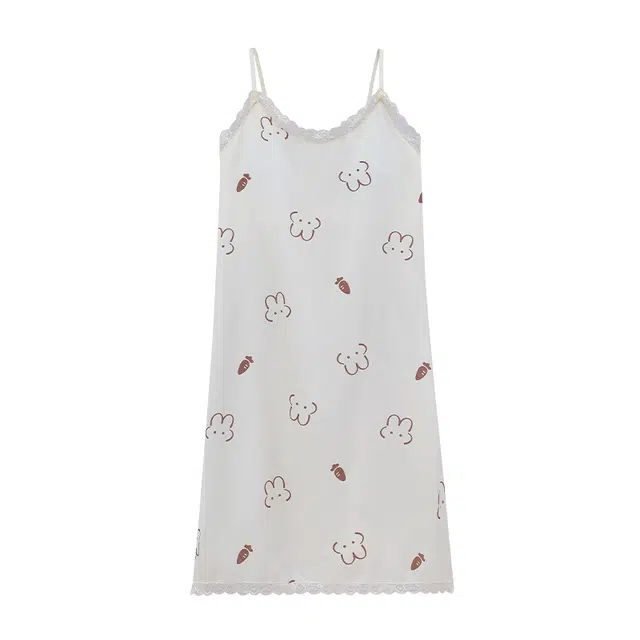 莫代尔 轻薄透气舒适卡通印花休闲亲肤凉感吊带裙带胸垫防凸点可外穿少女睡裙 女款 白色