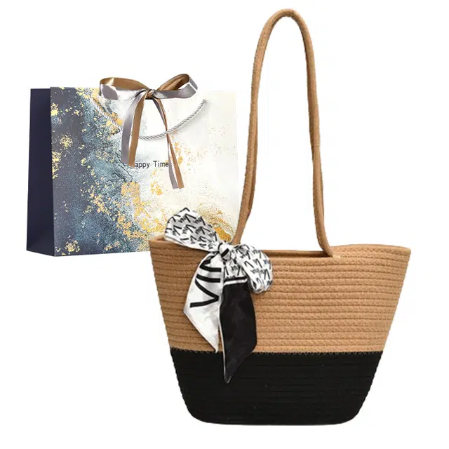 伊曼家 时尚唯美编织沙滩包大容量包包复古女士手提包 特殊材质 单肩包 女款 卡其色