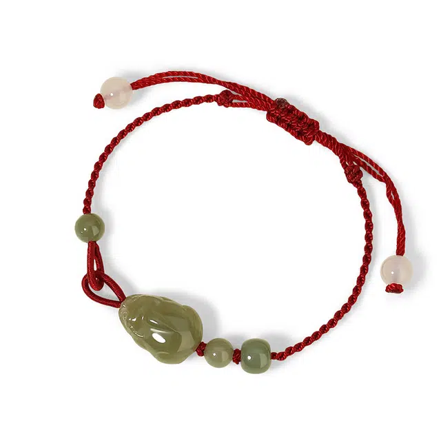 幸囍礼 招财进宝纳福貔貅吞金兽手绳 国风瑞兽转运红绳 和田玉                                手链     男女同款情侣款 青玉