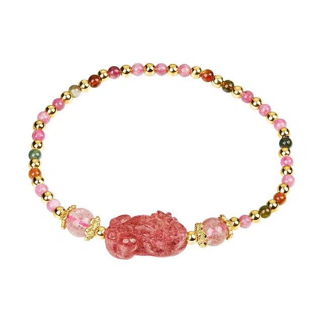 迷颂玛 国风招财纳福貔貅 新中式 小众首饰 草莓晶 碧玺 彩色宝石手链 女款