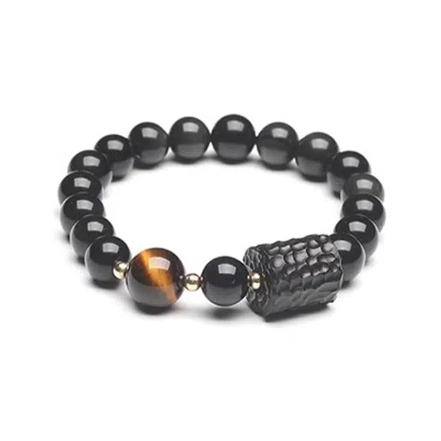 克兰茜 新中式国潮高级感 简约大气设计感休闲个性 转运招财霸气黄虎眼石 黑曜石 手串 男款 礼盒装