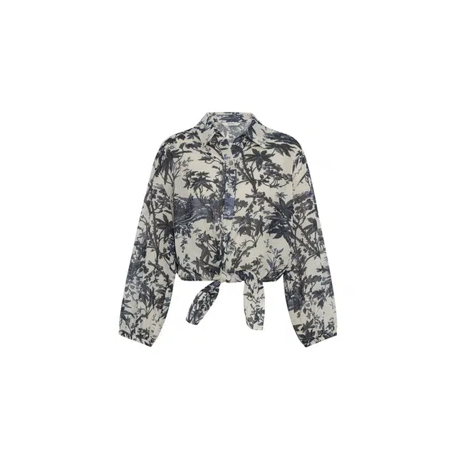 美洋 繁枝衬衣复古怀旧印花休闲度假短款衬衫 女款 米黄印紫花