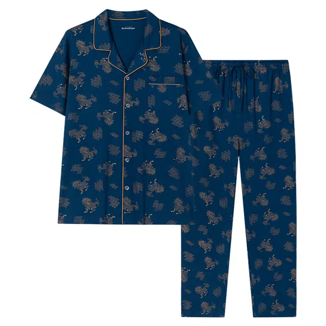 舒雅 翻领开衫纯棉短袖松紧腰长裤睡衣套装 男款 孔雀蓝