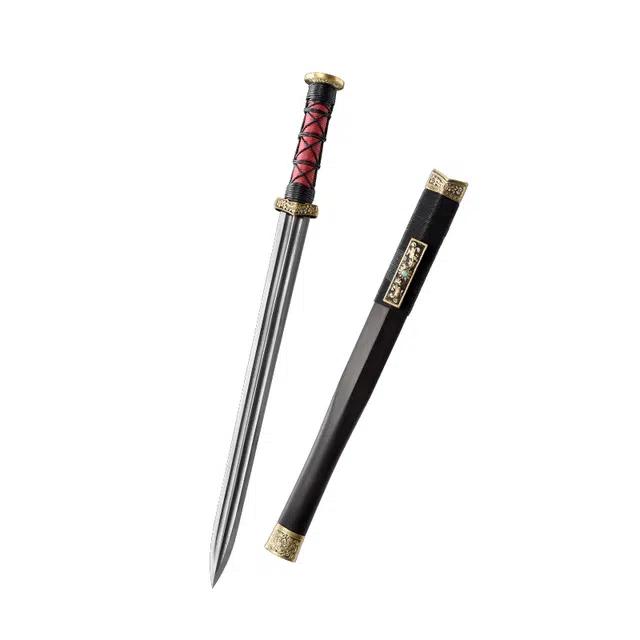 天子剑 战国剑 手工缠绳剑柄 黄铜精雕装具嵌绿松石 百炼花纹钢瓦面剑身 未开刃 成品模型