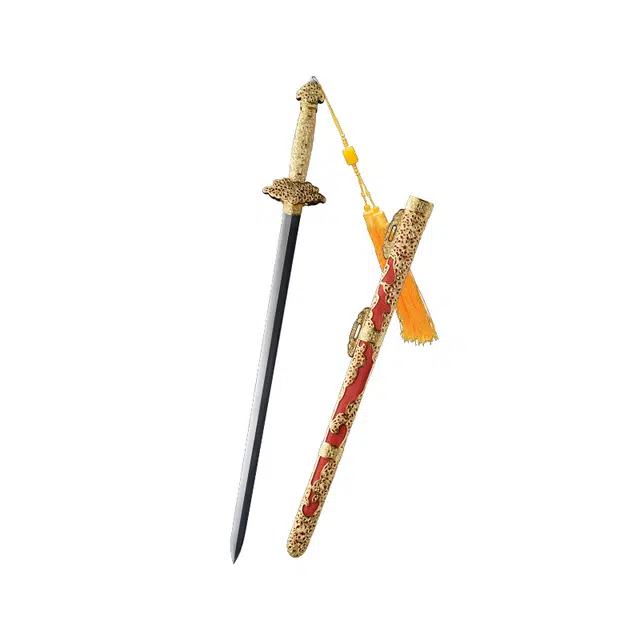 天子剑 康熙佩剑黄金版 珍珠鱼皮鞘 黄铜精雕鎏金银装饰 百炼钢玛雅羽毛纹烧刃未开刃 摆件收藏 成品模型