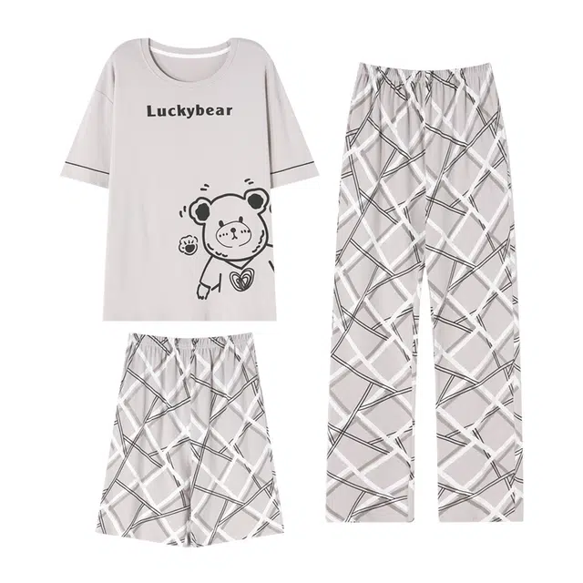 兰缪 凉感薄款休闲短袖三分裤长裤睡衣套装 男款 图色