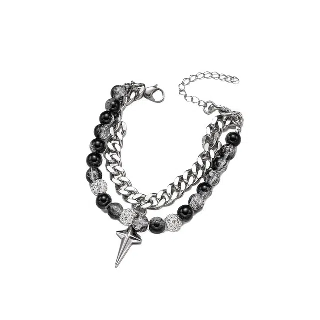 大唐国鼎 四芒星古巴 欧美嘻哈街头时尚气质 冷淡风小众创意设计个性潮流 钛钢 手链 男款