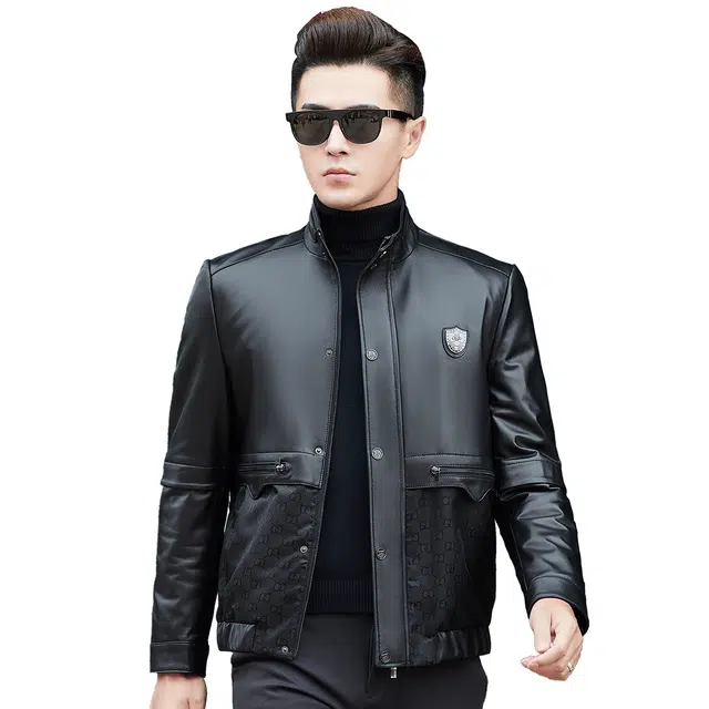 富铤 加厚防风舒适立领保暖皮衣 男款 黑色