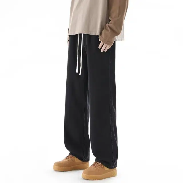 八哥 美式高街简约基础款水洗做旧废土风中腰抽绳修身透气阔腿纯色直筒阔腿微喇百搭宽松弹力薄款软牛仔裤 男女同款