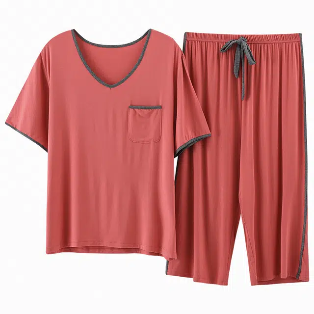睦隆世家 休闲舒适短袖亲肤凉感七分裤可外穿睡衣套装 女款 猩红色