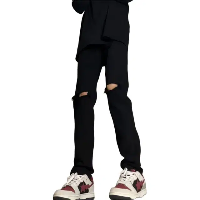 八哥 美式高街基础款破洞设计水洗做旧阔腿垂感宽松中腰系带弹力修身显高显瘦弯刀休闲长裤透气工装弹力直筒磨破牛仔裤 男女同款