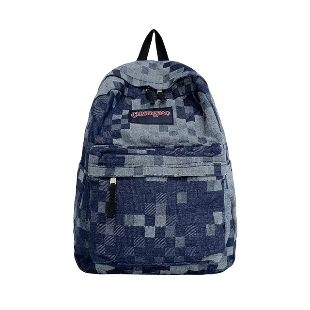 笛贝嘉 日系潮牌复古格子大容量旅行初中高中生大学生休闲 牛仔布 双肩包 男女同款情侣款 蓝色