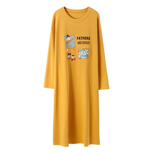 莫代尔 亲肤舒适纯色印花满印长袖居家休闲可外穿睡裙 女款 向日葵色