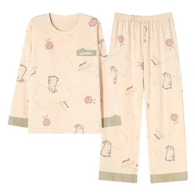 莫代尔 舒适柔软带胸垫防凸点上衣口袋透气亲肤长袖弹力裤腰不勒腹长裤可居家休闲外穿睡衣套装 女款 杏色