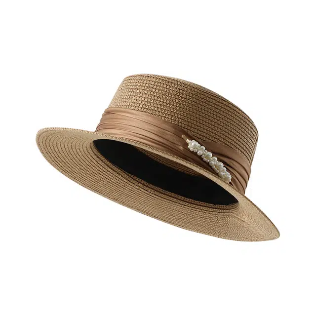 南极人 法式名媛风平顶夏季优雅海边防晒遮阳帽子 草编 礼帽 女款