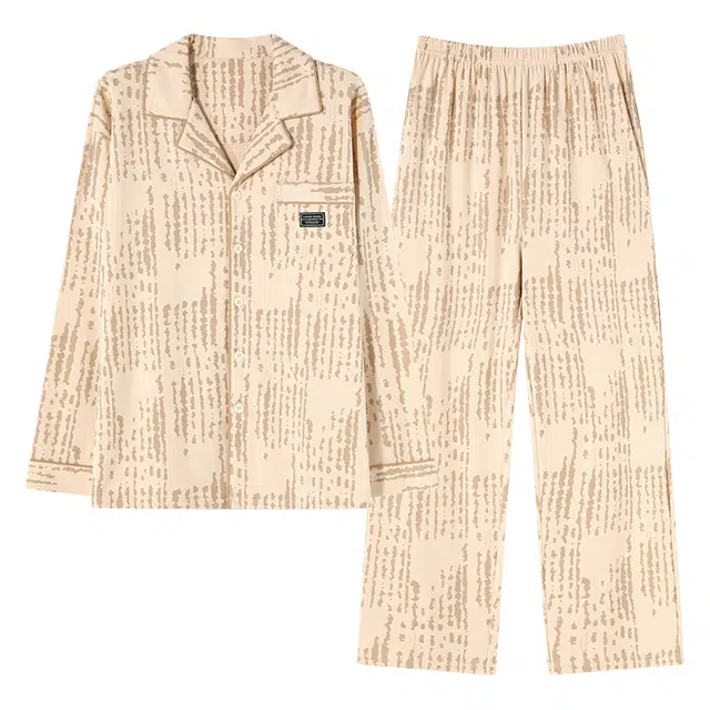 莫代尔 柔软舒适亲肤透气长袖长裤可居家休闲外穿睡衣套装 男款 杏色