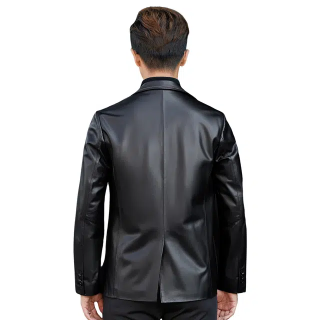 富铤 西装领刺绣口袋设计休闲时尚皮衣 男款 黑色