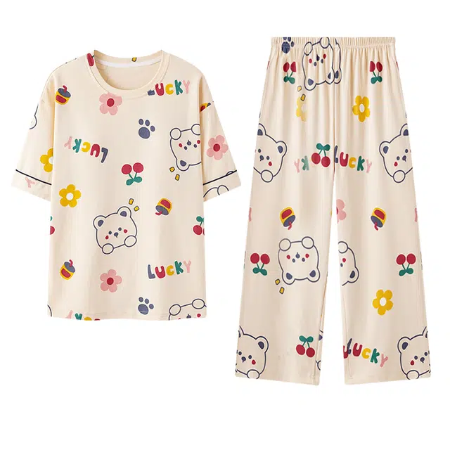 顶瓜瓜 小清新透气卡通印花短袖宽松休闲松紧腰直筒七分裤睡衣套装 女款 杏色