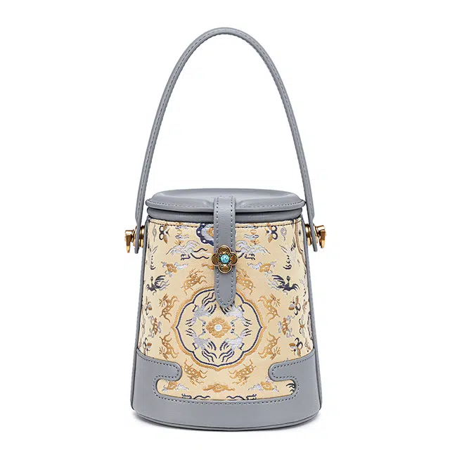 良锦记非遗香云纱女新中式国风牛皮水桶包桑蚕丝织锦缎单肩手提包配汉服旗袍晚宴