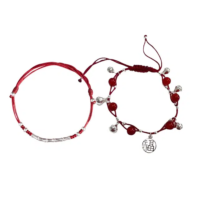 大唐国鼎 竹节福牌铃铛  新中式复古民族风高级感 小众设计不规则转运珠串珠 双层叠戴镂空 本命年抽拉可调节 织物 手链 女款