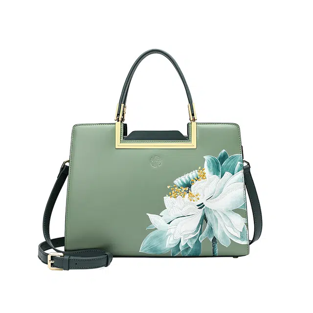 古伊西 碧玉芙蓉 国风刺绣旗袍大容量 牛剖层皮革 手提包 大号 女款 青瓷