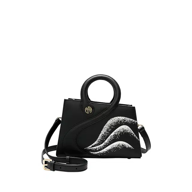 古伊西 黑天鹅系列 新中式国风 中号 牛剖层皮革 手提包 女款 黑色