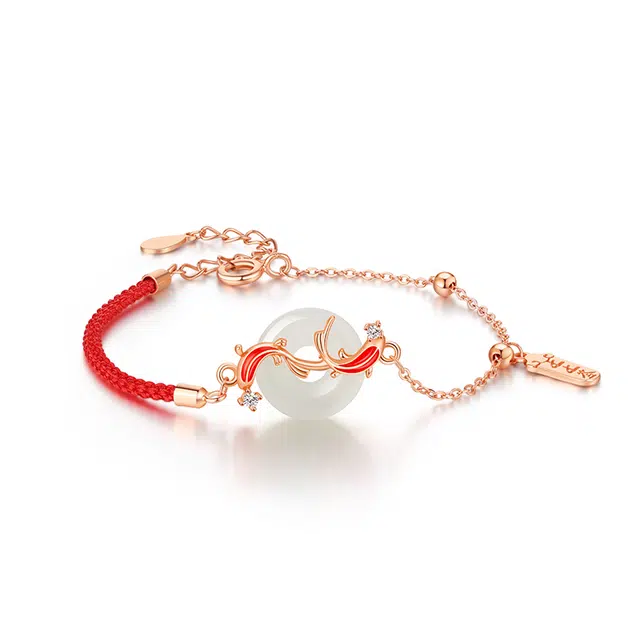 中国黄金 央创时尚 锦鲤平安扣 国潮新中式 小众设计感前程似锦 工作顺利 上岸 和田玉手链 青玉 女款