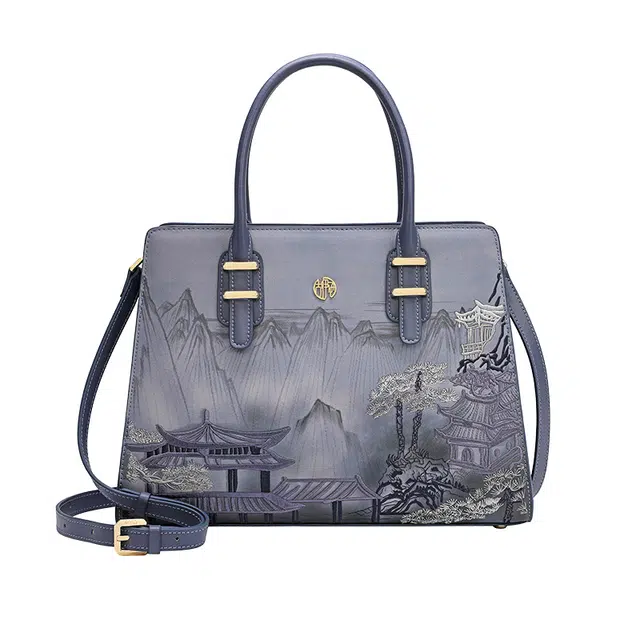 古伊西 亭台望岳 新中式国风亭台刺绣大容量 牛皮 手提包 中号 女款 黛蓝