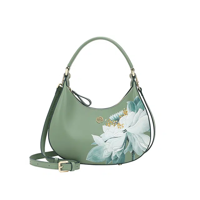 古伊西 碧玉芙蓉 新中式国风刺绣 牛皮 手提单肩包 中号 女款 青瓷