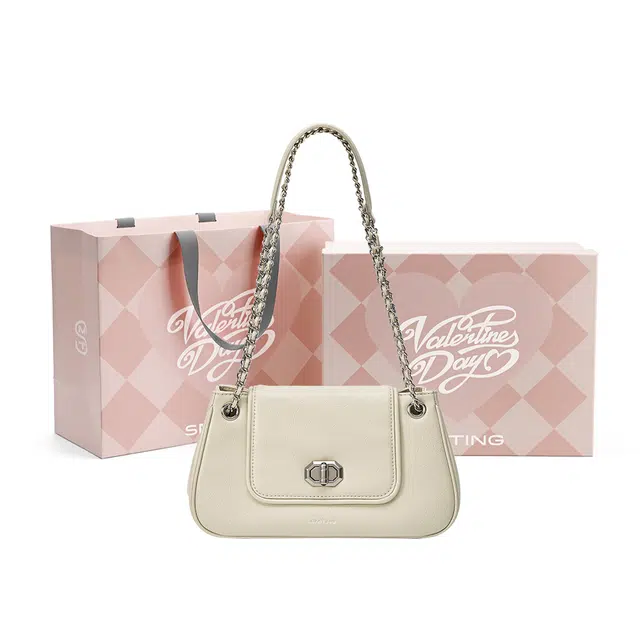 西木汀 甜心奶泡小众高级感时尚链条包通勤时尚百搭 牛皮 单肩包 女款 米白色/深邃黑